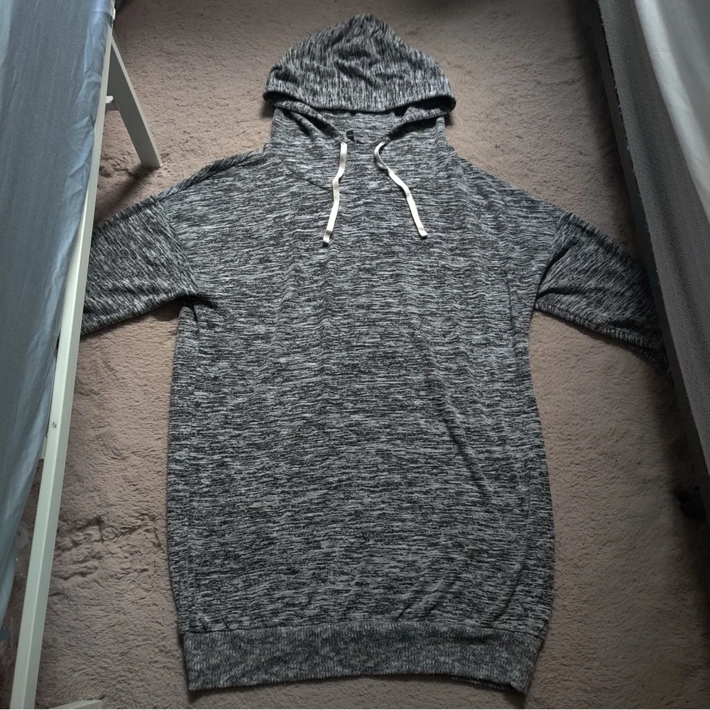 Express Marled Gray Hoodie Mini Dress Knit Sweater Hooded Heather - Picture 2 of 9
